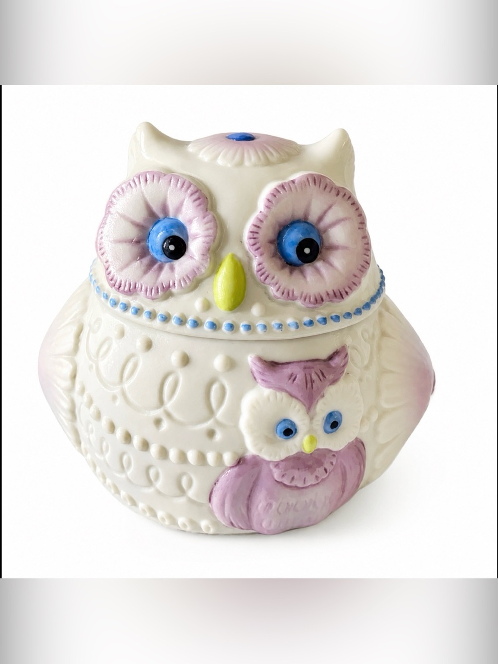 LEFTON Hand Painted Bisque Porcelain Owl Trinket Box ADORABLE Vintage